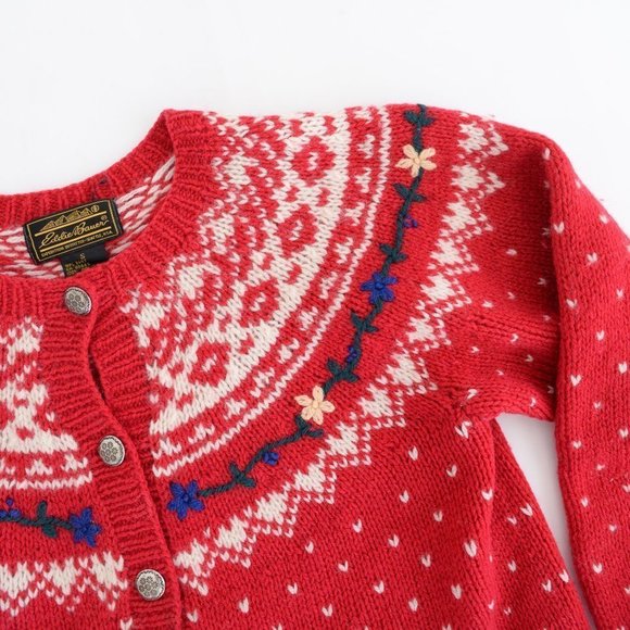 Vintage 80s Eddie Bauer Red with Winter Design 100% Wool Button Up Cardigan Smal - Picture 11 of 15